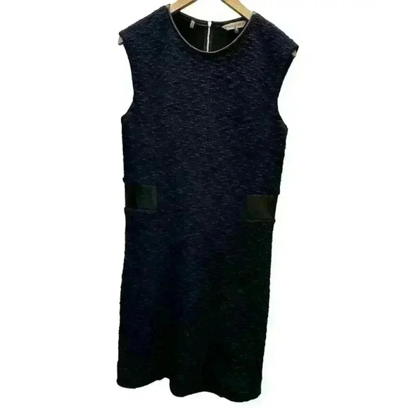 Rebecca Taylor - Navy Dress W/ BlackLeather Panels Round Neck Zip Back Sz 8 - Picture 5 of 13